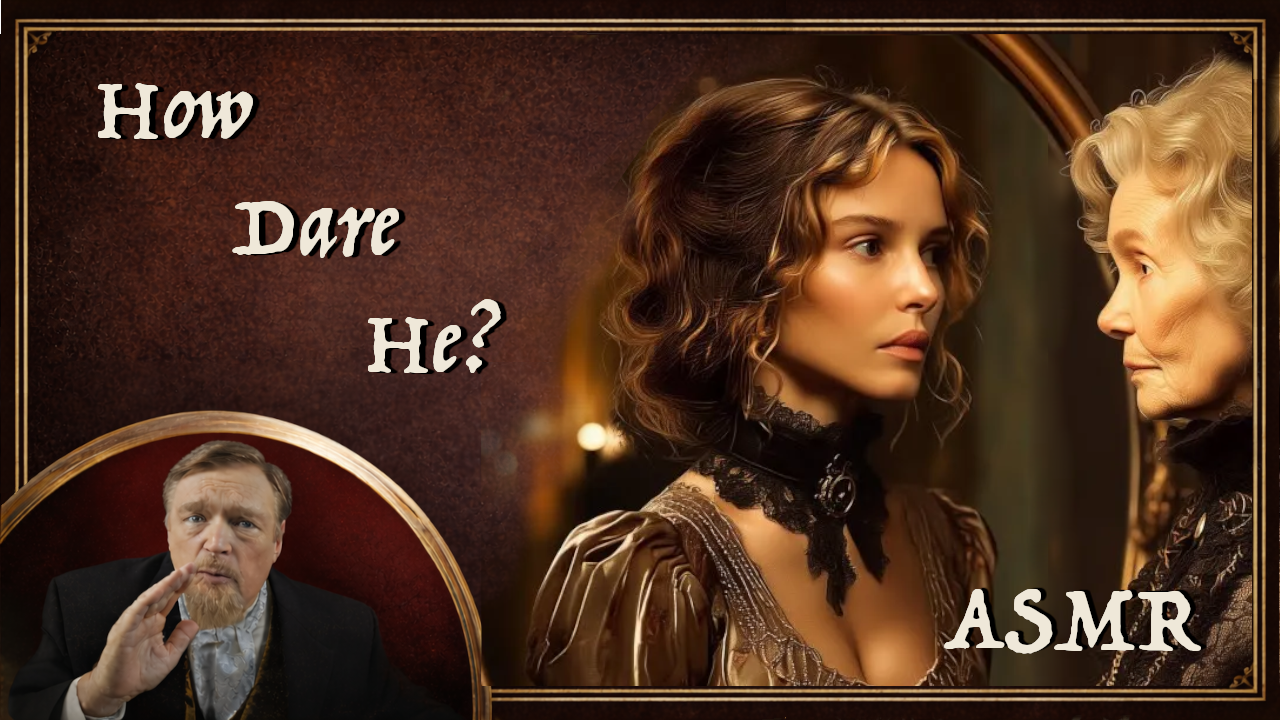 A mature woman looking at her younger self in the mirror